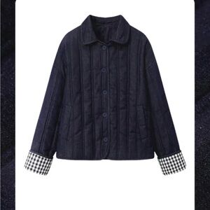 Navy Quilted Jacket with Checkered Cuffs
